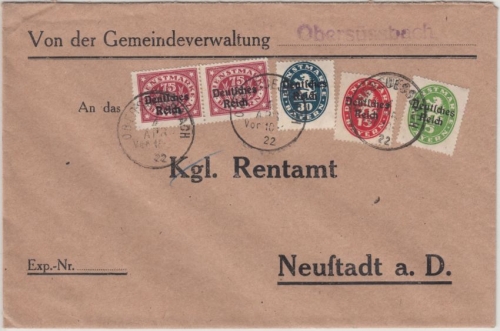 DR-Infla - 2x75 Pfg. By-Abschied/DR u.a. Dienstbrief Obersüssbach -Neustadt 1922