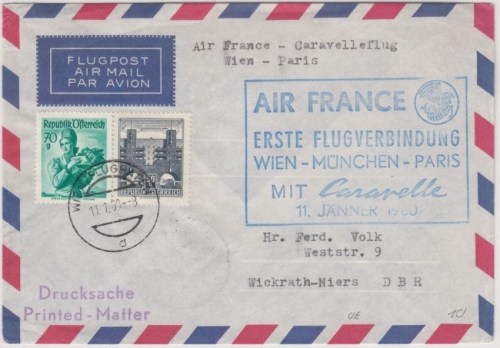 Österreich - Air France 1st-Flug Caravelle Wien-München-Paris 1960 Ableitung !!