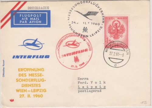 Österreich - Interflug Messe-Sonderflug Wien-Leipzig 1960, Luftpost-Drucksache