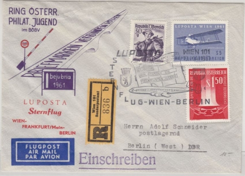 Österreich - Luposta Sternflug Wien-FFM-Berlin 1961, Luftpost-Einschreibebrief