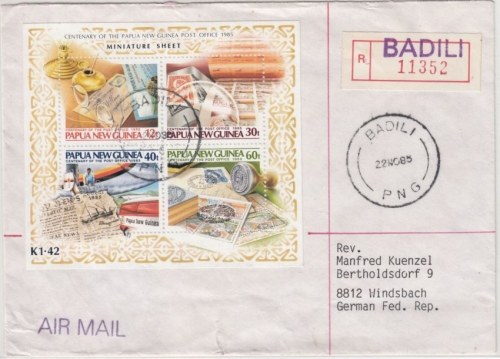 Papua-Neuguinea - Badili 22.11.85, Einschreibebrief m. prov. R-Zettel