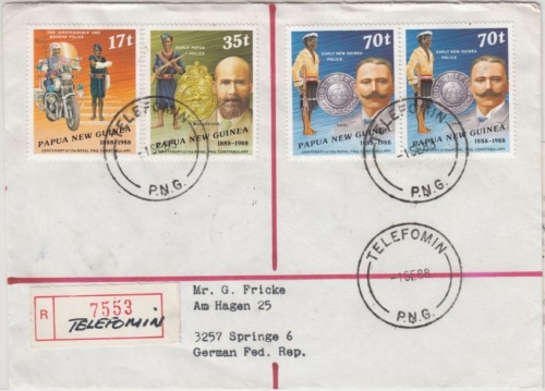 Papua-Neuguinea - Telefomin 1.9.88, Einschreibebrief m. prov. R-Zettel