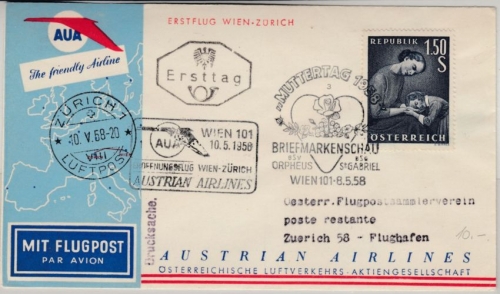 Österreich - AUA 1st-Flug Wien - Zürich, FDC + ESST Muttertag Wien 1958