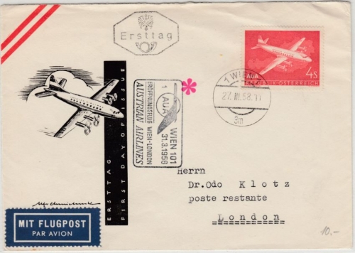 Österreich - AUA 1st-Flug Wien - London, FDC + EST Wien 1958