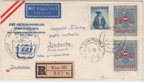 Österreich - SAS Eröffnungsflug Wien - Djakarta, Lupo-Einschreibebrief 1958
