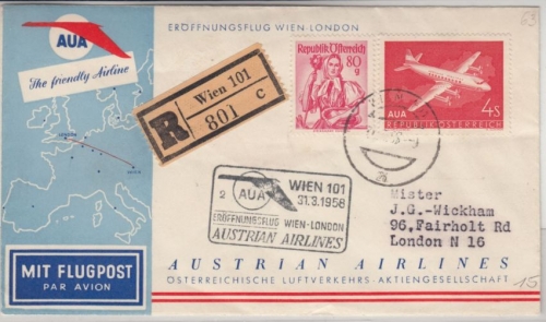 Österreich - AUA 1st-Flug Wien - London, Lupo-Einschreibebrief 1958
