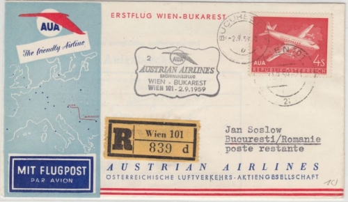 Österreich - AUA Eröffnungsflug Wien - Bukarest, Lupo-Einschreibebrief 1959