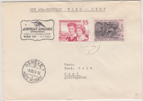 Österreich - AUA Erstflug Wien - Genf, Luftpostbrief 1960