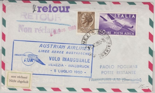 Italien - AUA Erstflug Venedig - Innsbruck, Ableitung Frankfurt, Lupo-Brief 1960