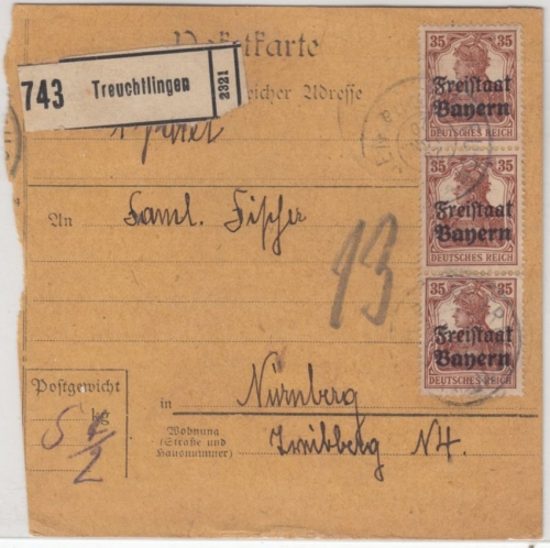 Bayern - 3x35 Pfg. Germania/Freistaat u.a., Paketkarte Treuchtlingen - Nürnberg