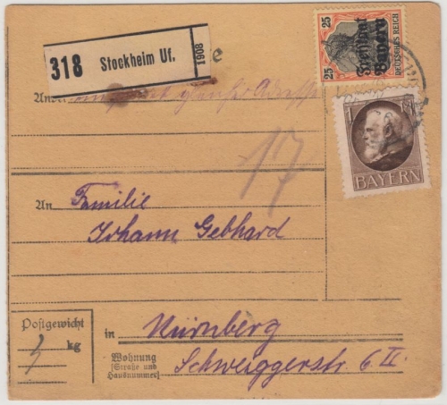 Bayern - 25 Pfg. Germania/Freistaat u.a. Paketkarte Stockheim Uf.- Nürnberg 1920