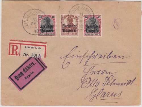 Bayern - 2x40+35 Pfg. Germania/Freistaat, Eil-Einschreibebrief i.d. SCHWEIZ 1919