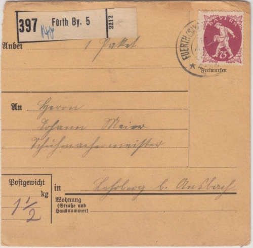 Bayern - 75 Pfg. Abschied, Paketkarte Fürth 5 - Lehrberg b. Ansbach 16.4.20