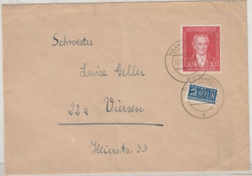 Bizone - 20 Pfg. Goethe, Brief Haan - Viersen 1949, ohne Inhalt