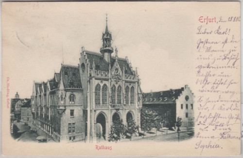 Thüringen - Erfurt Rathaus, sw-Prägekarte gelaufen 1900