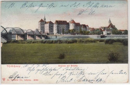 Sachsen - Torgau Schloss mit Brücke, farb. AK gelaufen 1905