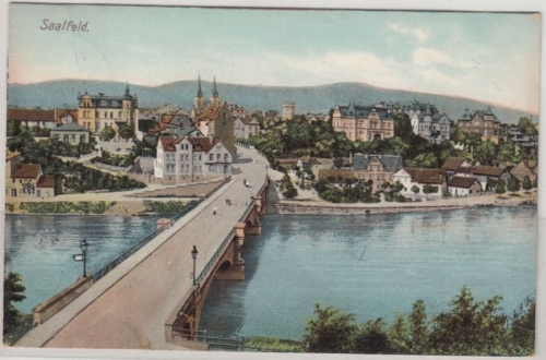 Thüringen - Saalfeld (Saale) Brücke m. Ortsansicht, farb. AK gelaufen 1908