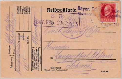 Bayern - 10 Pfg. Ludwig, Feldpostkarte i.d.SCHWEIZ, Zensurstpl. Aachen 1915