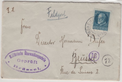 Bayern - 20 Pfg. Ludwig, Zensurbrief n. BELGIEN München - Brüssel 1917