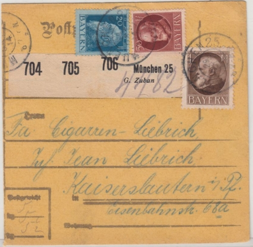 Bayern - 1 M. Ludwig u.a., Paketkarte (3 Pakete/Selbstbucher) München 25 1914