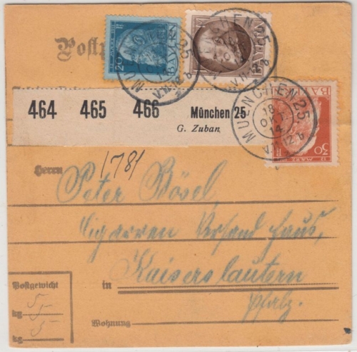 Bayern - 1 M.+20+40 Pfg. Ludwig/Luitpold Paketkarte (3 Pakete/Selbstbucher) 1914