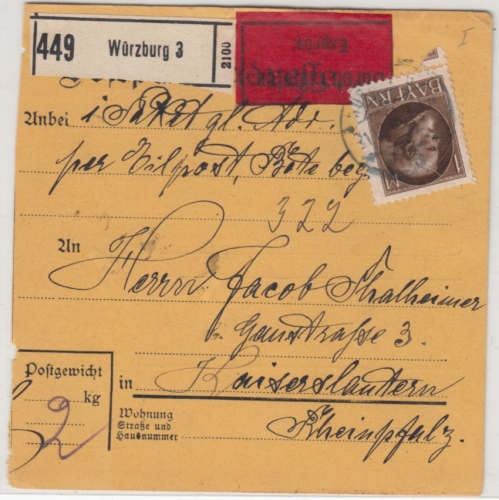 Bayern - 1 M. Ludwig Eilboten-Paketkarte Würzburg 3 - Kaiserslautern 1916