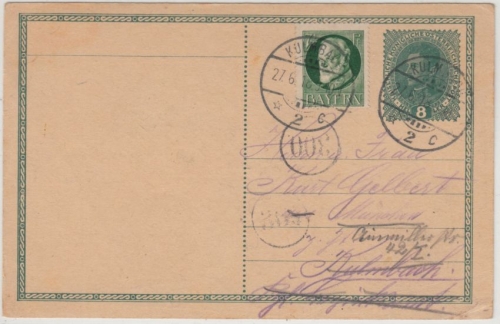 Bayern - 7 1/2 Pfg. Ludwig a. österr. GA-Karte Kulmbach - München 1918