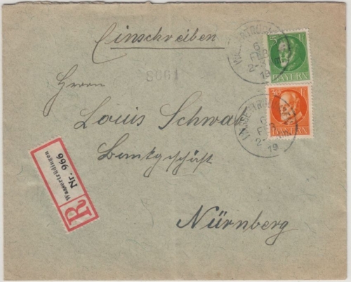 Bayern - 30+5 Pfg. Ludwig, Einschreibebrief wassertrüdingen - Nürnberg 1919