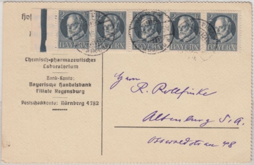 Bayern - 2 Pfg. Ludwig, waagr. 5er-Streifen/Bogenrand, Karte Wörth a.D. 1918 n.