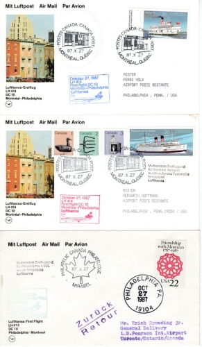 USA/Canada - LH 1st-flight Montreal-Philadelphia, 5 versch. Erstflug-Belege 1987