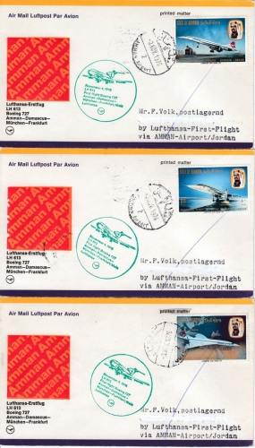 Bahrain - Concorde, 3 versch. Werte a. 3 LH-Erstflug-Briefen 1976