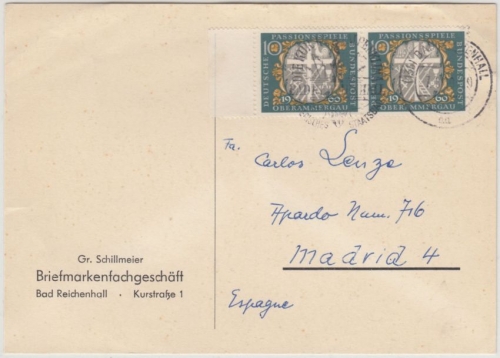 BRD - 2x10 Pfg. Passionsspiele Oberammergau, Karte n. SPANIEN, Bad Reichenhall