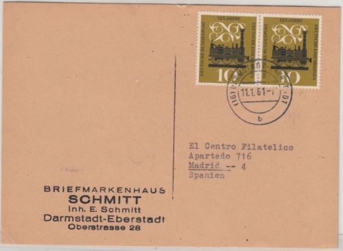 BRD - 2x10 Pfg. 125 J. Eisenbahn, Karte n. SPANIEN Darmstadt - Madrid 1961