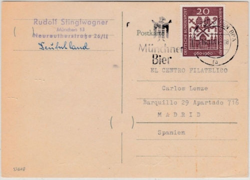 BRD - 20 Pfg. Bischöfe Bernward/Godehard, Karte n. SPANIEN München - Madrid 1961