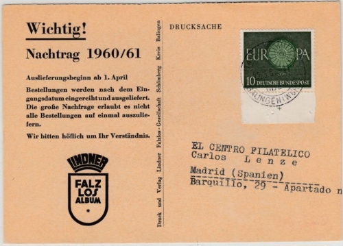 BRD - 10 Pfg. Europa, Drucksache n. SPANIEN, Schömberg ü. Balingen - Madrid 1961