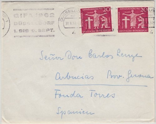 BRD - 2x20 Pfg. Katholikentag Brief n. SPANIEN Düsseldorf - Madrid 1962