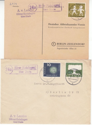 BRD - (24a) Hörne (Kehdingen) über Stade, Landpost-Ra2 a. Karte+Brief 1957/58