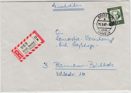 BRD - Groß Berkel ü. Hameln, Poststelle I, Einschreibebrief n. Hannover 1962