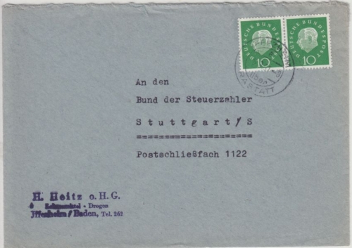 BRD - Iffezheim ü. Rastatt, Poststelle I, Brief n. Stuttgart 1961