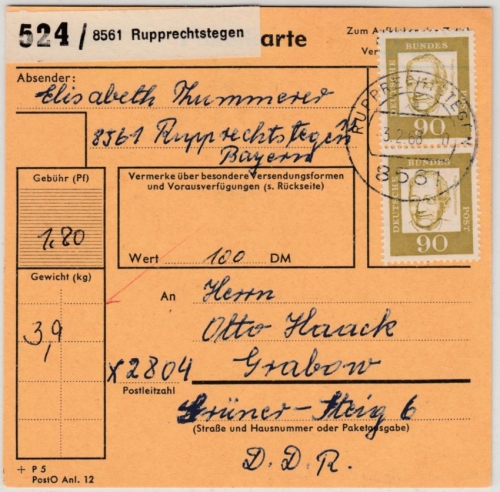 BRD - 2x90 Pfg. Bed. Deutsche, Paketkarte i.d. DDR Rupprechtstegen - Grabow 1968