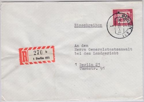 Berlin - 60 Pfg. Bed. Deutsche Orts-Einschreibebrief Berlin 411 - 1965