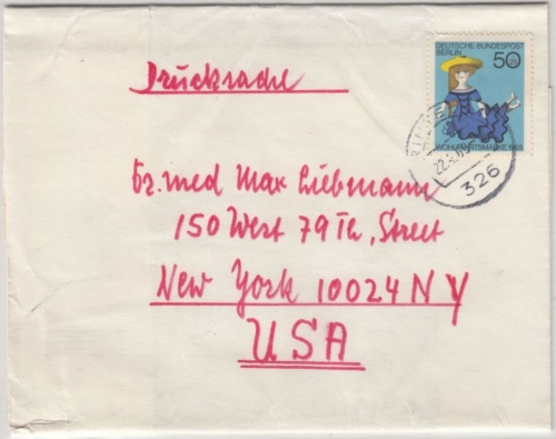Berlin - 50 Pfg. Wofa 1968, Streifband n. USA Rinteln - New York 1969
