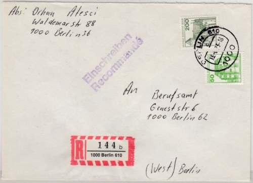 Berlin - 200+50 Pfg. SWK, Orts-Einschreibebrief Berlin 610 - 1983