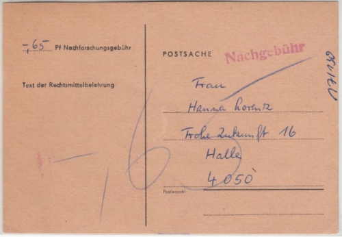 DDR - Postsache/Nachforschungsgebühr Karte Halle 1989