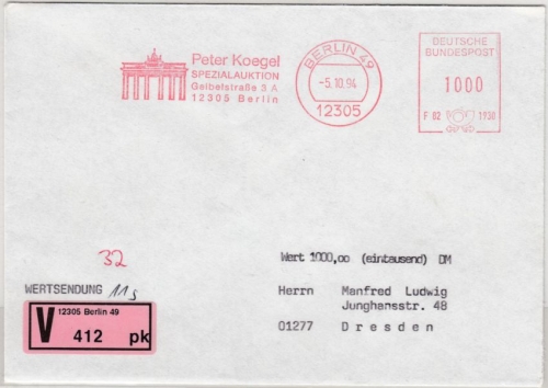 BRD - 1000 Pfg. AFS Koegel Auktionen Wertbrief Berlin - Dresden 1994