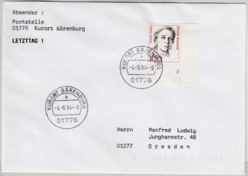 BRD - 100 Pfg. Frauen Bogenecke/Formnummer 2 Brief Kurtort Bärenberg 4.6.94 (!!)
