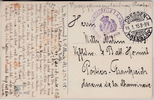DR - Dresden 1915, Kriegsgefangenenkarte n. FRANKREICH, Durchlaufzensur München