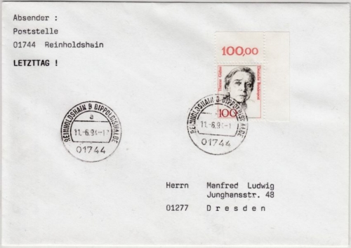 BRD - 100 Pfg. Frauen Bogenecke/Oberrand Reinholdshain 11.6.94 (Letzttag !!)