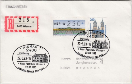 BRD - Wismar 22.6.93, SST Eröffnung neue Postfiliale Einschreibebrief n. Dresden