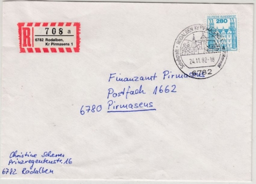 BRD - Rodalben 1982, Handwerbestempel a. Einschreibebrief n. Pirmasens